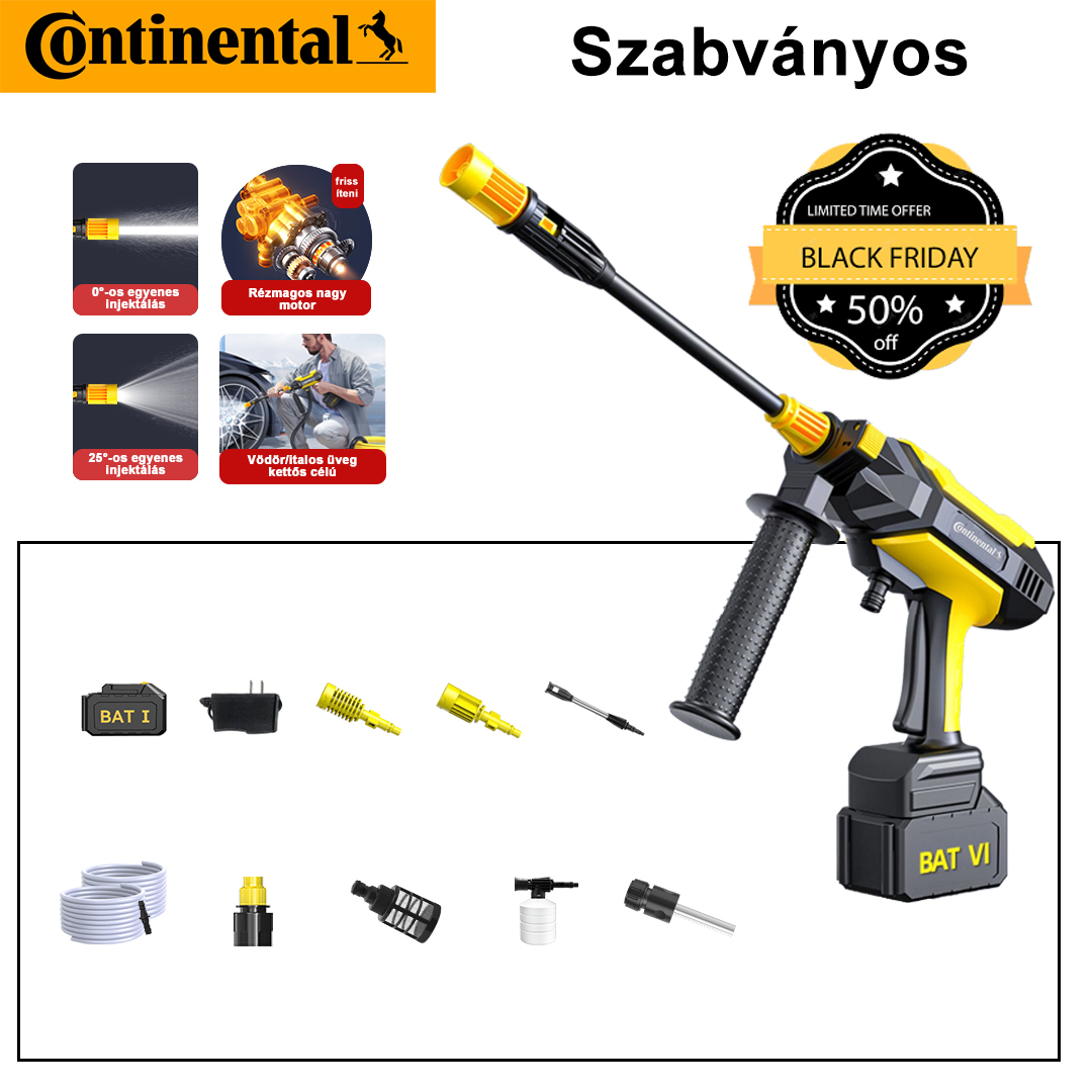 A nagynyomású autómosógép 48 V-os Continental márkájú lítium akkumulátorral + 5 m vízbevezető csővel + 5 órán keresztül használható egyetlen töltéssel